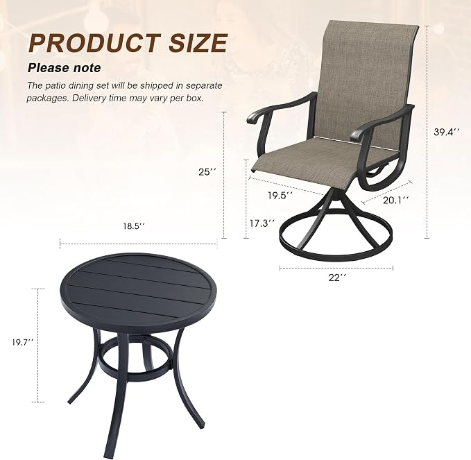 VICLLAX Patio 3 Pieces Outdoor Bistro Side Table Dining Set, Small Patio End Table Round Coffee Table and 2 Swivel Textilene Chairs for Lawn,Garden,Porch,Black/Brown