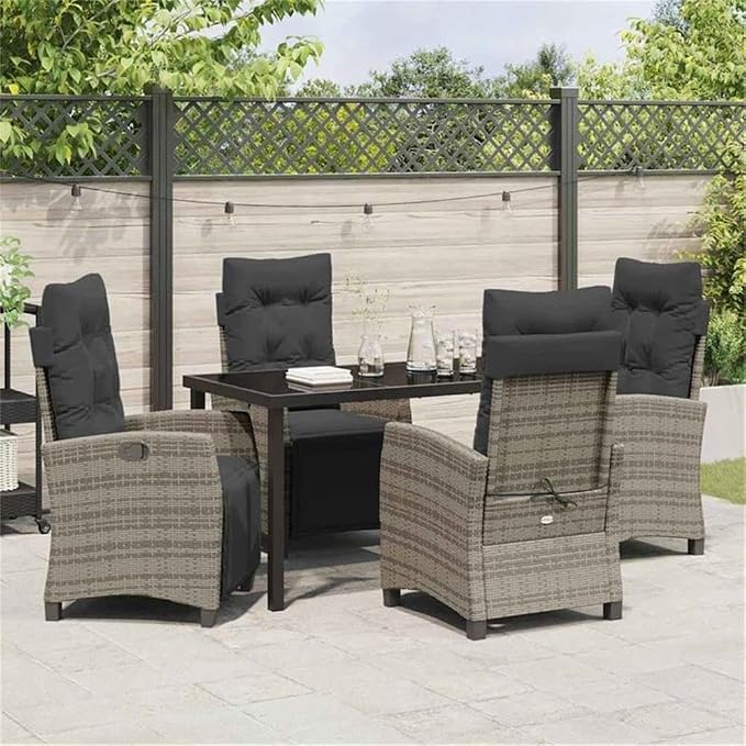 Afuera Living 5 Piece Poly Rattan Garden Dining Set, Gray Woven Finish, Outdoor Furniture with Cushions, Glass Tabletop, Steel Frame, Adjustable Chairs, Modern Patio or Garden Seating for 4