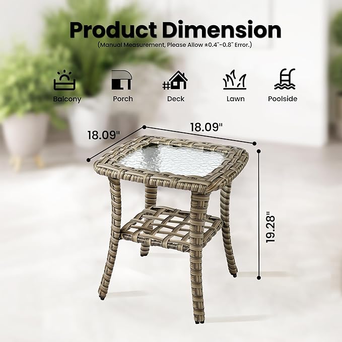 ovios Outdoor Side Table with Tempered Glass Top, Patio Wicker Rattan Bistro Coffee Tables with 2 Tiers Storage for Porch Deck Balcony Garden Poolside, Mixed Brown