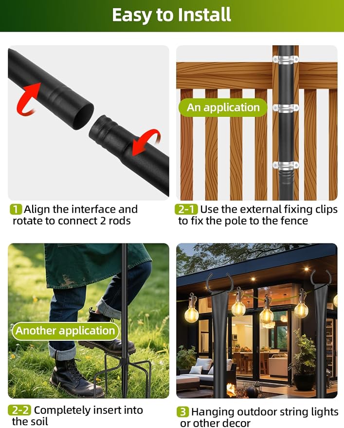 String Light Poles for Outside, 4 Pack 10 ft Adjustable Light Poles | Heavy Duty, Weather Resistant, 5 Prong Stable Base, Ground & Fence Mount, Fence Clips Included, For Patio Garden Porch Decor