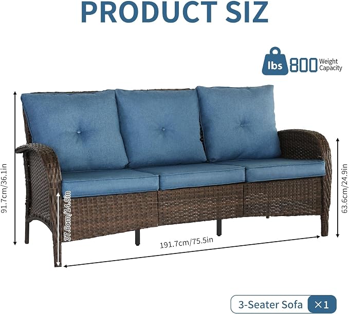 YLGJ&TIDY Outdoor Furniture 2PCS Set All-Weather Brown Wicker Patio Conversation Set 3 Seater Rattan Sofa Glass Coffee Table for Garden Backyard Porch Balcony w/Thick Cushions (Blue,2PCS Sofa/Table)