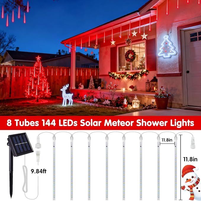 JMEXSUSS Red Solar Christmas Lights Outdoor, 8 Tube 144 LEDs | Solar Meteor Shower Rain Lights, Red Twinkle Light for Tree Eaves Fence Christmas Decorations