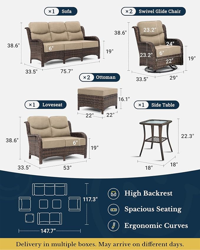 HILLGA 7-Piece Luxury Patio Furniture Set with 6" Thick Cushions, Weather-Resistant Wicker High Back Swivel Rocker Chairs, Senior-Friendly Outdoor Loveseat Set for Large Deck and Poolside, Beige(V2)