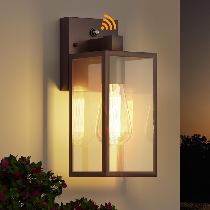 Dusk to Dawn Exterior Lighting Fixtures, Outdoor Porch Light Wall Sconce | 10.65 inch, Anti-Rust Metal Frame, Tempered Glass, E26 Base, Waterproof, Sensor Wall Lantern for Patio, Garage, Entryway