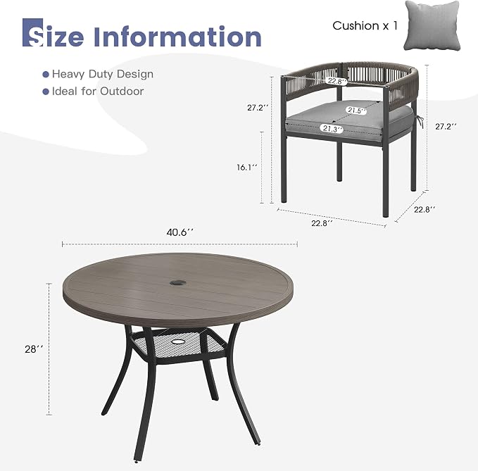 VICLLAX Patio Dining Set, 40.6" Grey Table & 4 Chairs with Grey Cushion | Outdoor Table and Chairs Set of Round Metal Patio Table, Outdoor Dining Chairs with Metal Frame, Garden Deck Porch