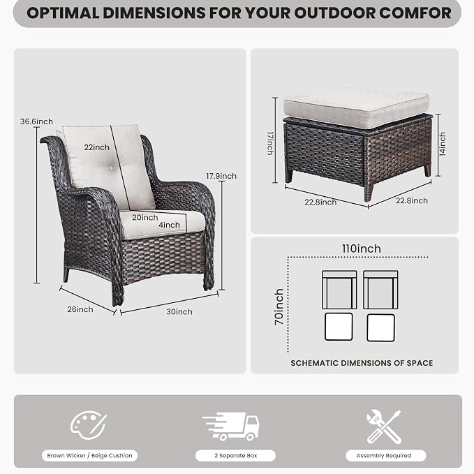Belord Wicker Furniture 4 Pieces Outdoor Patio Furniture Set Patio Chairs with Ottomans Conversation Set for Porch Garden Deck Balcony Poolside