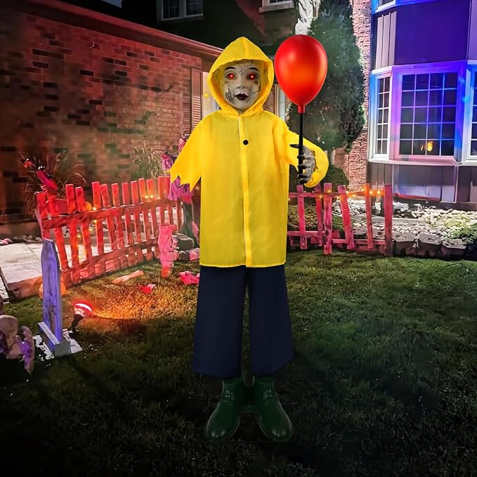 4 Ft Life Size Halloween Animatronics Prop with Sound & Touch | With Activated Sensor and Light Up Balloon, Halloween Spooky Scary Decor for Home Indoor Garden Lawn Yard Grave Party