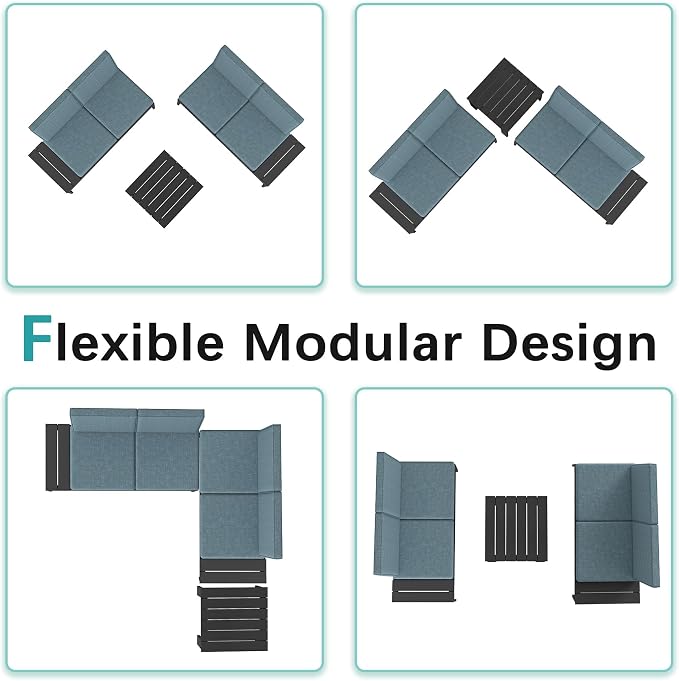 Domi HDPE Outdoor Patio Sofa Set, 3-Piece Modern Conversation Set with Left & Right Sofas, Cushioned Sectional Seating and Coffee Table for Backyard, Porch, Deck & Garden,Grey