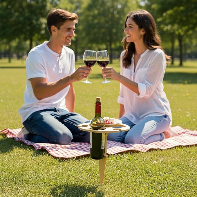 Outdoor Wooden Folding Wine Table, Ground Insert with Glass Holder | Solid Rubber Wood, Detachable Foldable, Bottle Glass Holder, Easy to Store, for Lawn Garden Picnic Beach