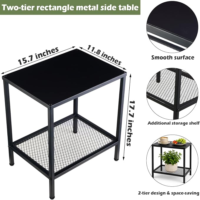 2-Tier Metal Side Table Small Rectangle End Table with Storage Shelf Indoor Outdoor Accent Table Small Space Nightstand Plant Stand for Living Room Bedroom Patio Balcony, Black