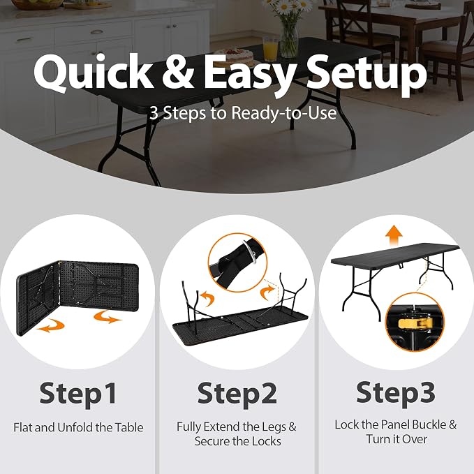 ZenStyle Indoor Outdoor Heavy Duty Plastic Folding Table Portable Picnic Table Fold-in-Half Utility Table w/Handle and Steel Legs for Camping, Dining, Party (Black, 8ft)