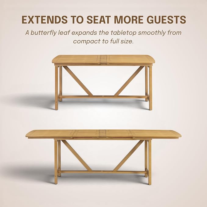 NTC Flexa Extendable Outdoor Dining Table, 63"–94.5" Solid Wood Patio Table for Patio Dining Sets with 8 Luno Chairs Weather Resistant, Easy Assembly, Natural