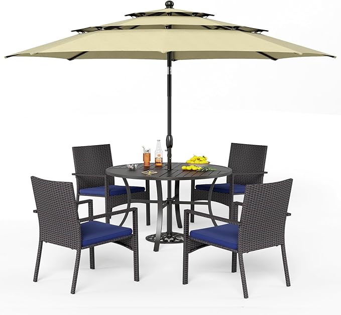 PHI VILLA 5pc Patio Dining Set with Umbrella, Round Table, Rattan Chairs | Includes 42" Round Metal Table, 4 Cushioned Rattan Chairs and 10ft Beige umbrella. Perfect for patio, deck, yard, or porch