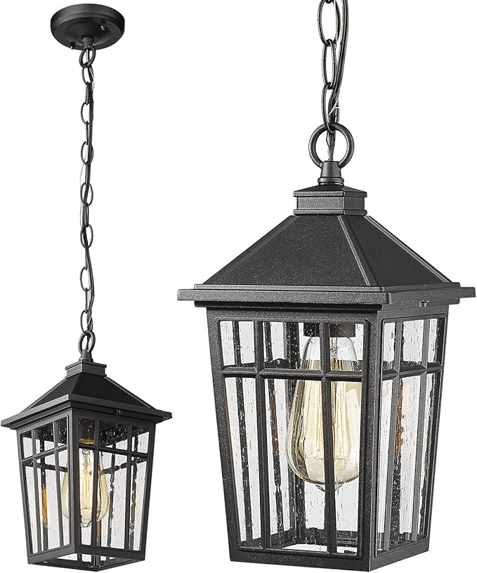 Darkaway Outdoor Pendant Light Fixture, Outdoor Hanging Light Porch Lights Fixtures Anti-Rust Waterproof Aluminum with Seeded Glass for Porch Entryway Doorway Farmhouse Black