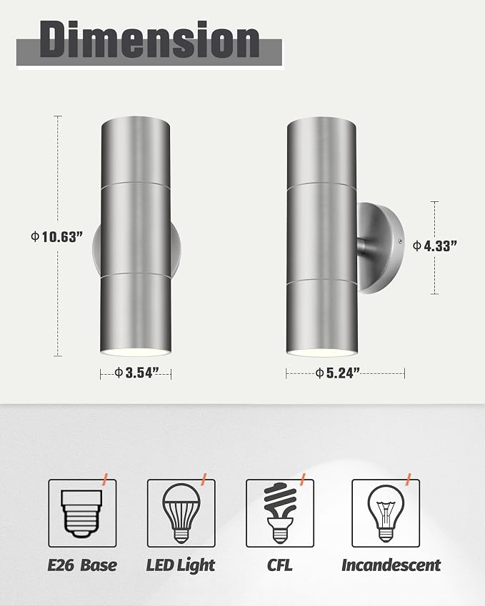Ken & Ricky Stainless Steel Outdoor Wall Light,Cylinder,Brushed Nickel,1PK | Waterproof Outdoor Sconce,No Glare,Exterior Lighting Fixtures,E26 Base，For Porch House Garage Front Door Patio