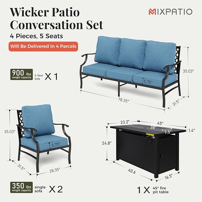 MIXPATIO Patio Furniture Set, 4 Pcs Metal Outdoor Conversation Set, 2 Single Chairs and 3 Seater Sofa with 5.75" Extra Thick Cushion and Gas Fire Pit Table for Backyard Deck, Navy Blue