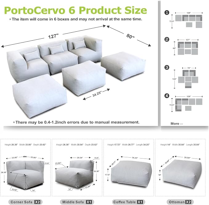 ANNYH PortoCervo 6PCS Patio Outdoor Furniture Sectional Conversation Set Combines 1 Middle & 2 Corner Chairs, 3 Ottoman, Foam Filled Bean Bag Chairs Modular Contemporary Sofa Comfy Couch, Cloud Gray