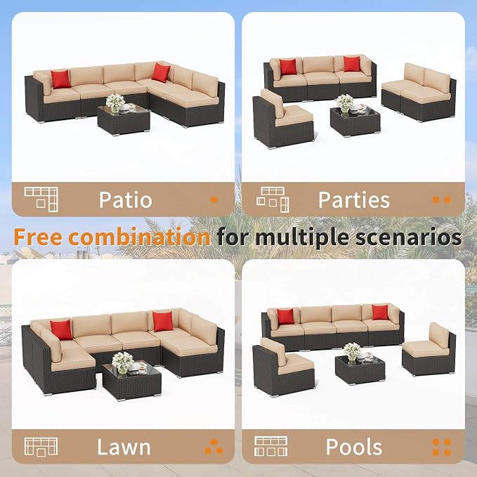 Oakcloud 7-Piece Outdoor Patio Furniture Black Rattan Wicker Sectional Sofa Conversation Set with Glass Top Table and Cushions (Brown)