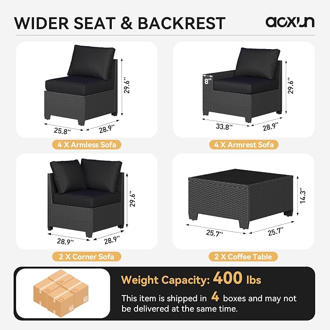 Aoxun Patio Furniture Set, 12 Pcs Outdoor Patio Furniture Sets with 4 in Thicken Cushion and Coffee Table, Widen Armrests Wicker Outdoor Sectional for Backyard & Garden, Black