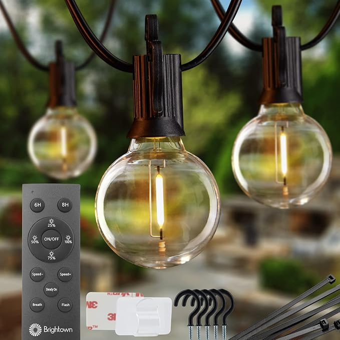 Brightown String Lights Outdoor 38Ft(28+10) with Remote Hooks and Clips, Patio String Lights for Outside with 17 Shatterproof Bulbs(2 Spare), Waterproof Dimmable Hanging Lights for Backyard Party Cafe
