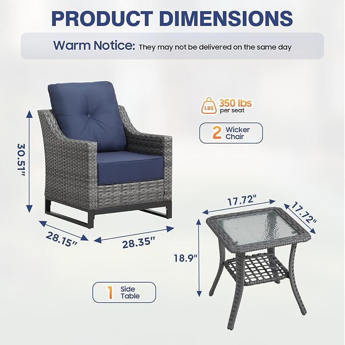 3 Piece Patio Furniture Set,Comfortable Seating Wicker Chairs Set of 2 with Outdoor Side Table, All-Weather Wicker Patio Set with 6 Inch Thick Cushions for Porch Deck Balcony Garden