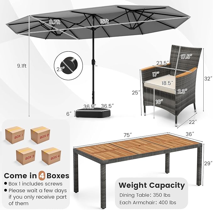 Tangkula 10 Pieces Patio Wicker Dining Set w/Double-Sided Patio Umbrella, Outdoor Acacia Wood Furniture Set w/ 8 Armchairs, Dining Table & 15 ft Umbrella with Weighted Base (Gray)