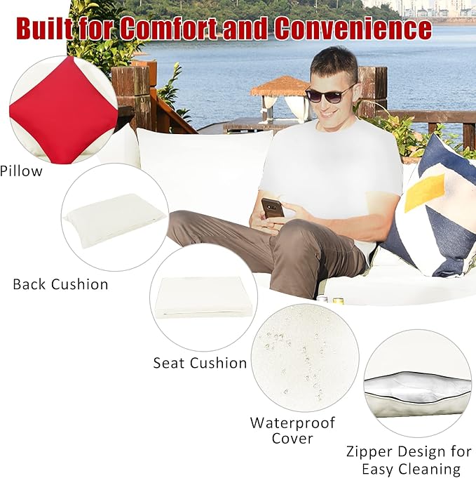 Tangkula 7 Pieces Wicker Patio Furniture Set, All-Weather Outdoor Rattan Sectional Sofa Set with Cushions & Tempered Glass Coffee Table, Outside Sofa Set for Garden, Lawn, Deck, Backyard (White)