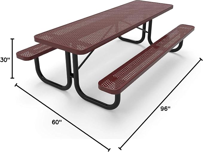 COATEDOUTDOORFURNITURE Heavy-Duty Portable Outdoor Picnic Table, Thermoplastic Coated Punched Steel Commercial-Grade Patio Dining Furniture Made in America (8ft Rectangular, Burgundy)