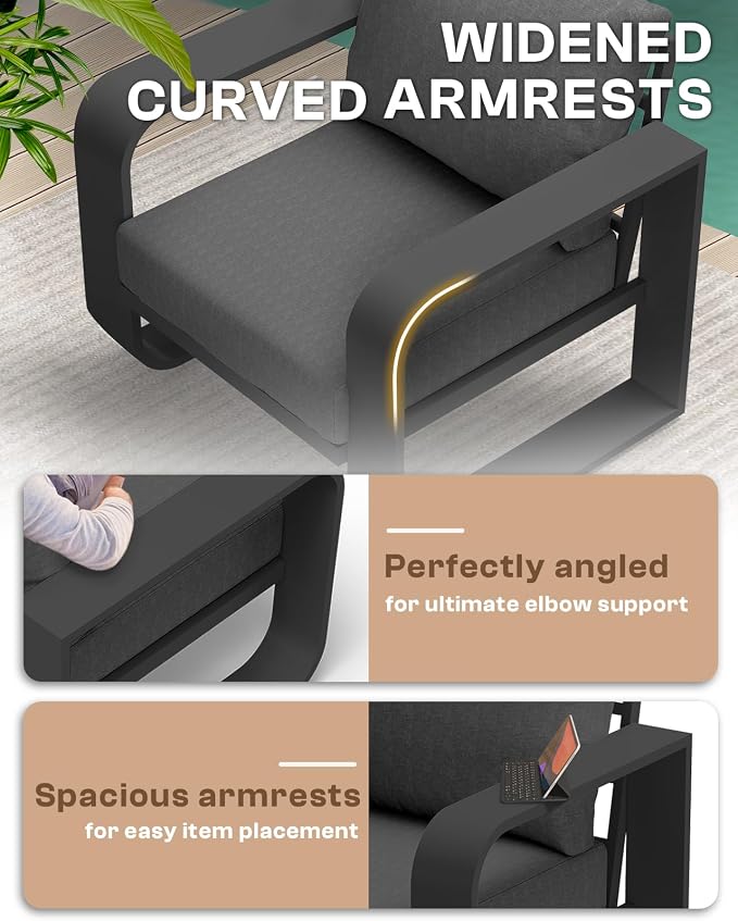 Oversized Aluminum Outdoor Furniture Set, Extra Large Patio Furniture Sofa Set 4.8” Widened Armrest & Ultra-Thick Cushions, 5 Pcs Modern Patio Sectional for Backyard, Porch, Graphite