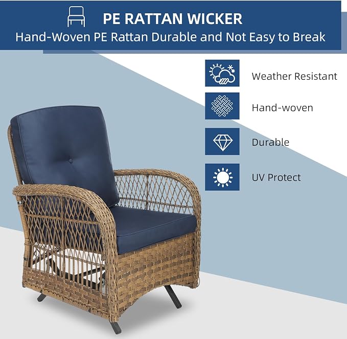 Outdoor Wicker Glider Rocker Chair, Patio Rattan Gliding Rocking Chairs Set of 2 with Thickened Cushions, All-Weather Wicker Furniture Sets for Porch Garden & Backyard, Navy Blue