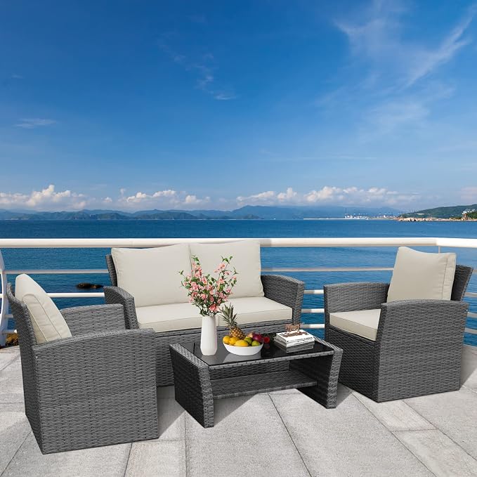 RELAX4LIFE 4 PCS Wicker Patio Furniture Set with Soft Cushions & Tempered Glass Table Outdoor Rattan Sofa Set for Backyard Garden Balcony Poolside Sectional Conversation Couch Set (Beige)