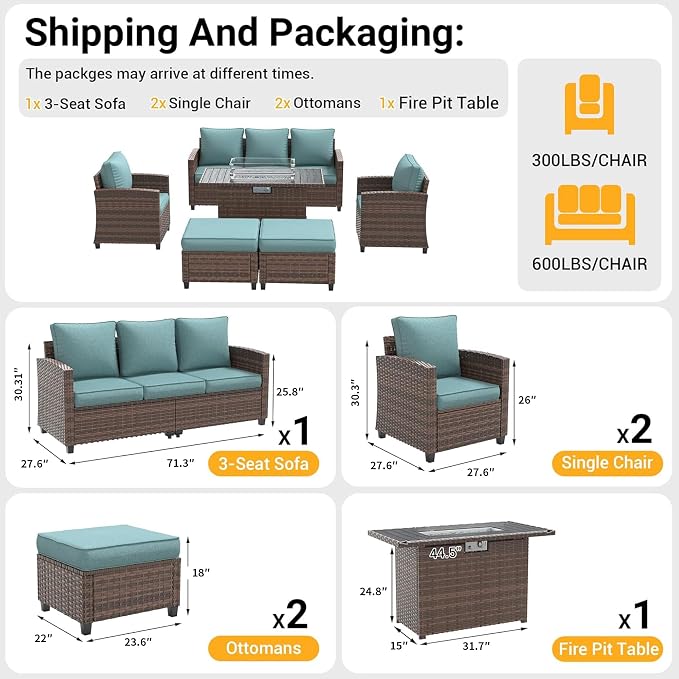 6 Pcs Patio Furniture Set with 44" Propane Gas Fire Pit Table, Rattan Outdoor Couch with Ottomans, 4" Thick Cushions for Backyard Garden Deck,Light Blue