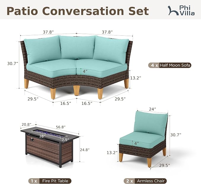 PHI VILLA 9-Piece Half Moon Patio Furniture Set with 56" Fire Pit Table, Outdoor Wicker Sectional Sofa with Aqua Blue Cushions, 2 Ottomans, Large Curved Conversation Seating for Garden or Backyard