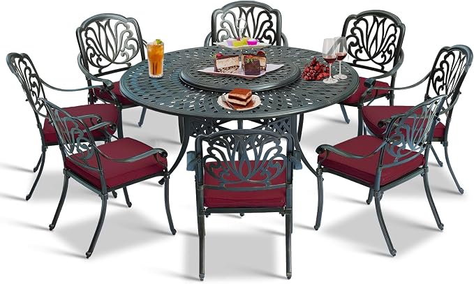 9-Piece Patio Cast Aluminum Dining Set, 8 Person Outdoor Dining Furniture Set, Includes 8 Cushioned Chairs and 61" Large Round Dining Table with 31" Lazy Susan, Umbrella Hole, Red