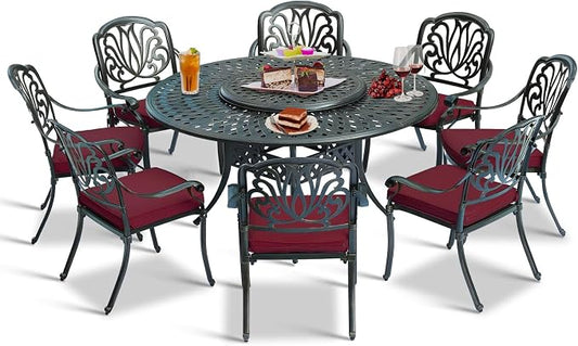 9-Piece Patio Cast Aluminum Dining Set, 8 Person Outdoor Dining Furniture Set, Includes 8 Cushioned Chairs and 61" Large Round Dining Table with 31" Lazy Susan, Umbrella Hole, Red