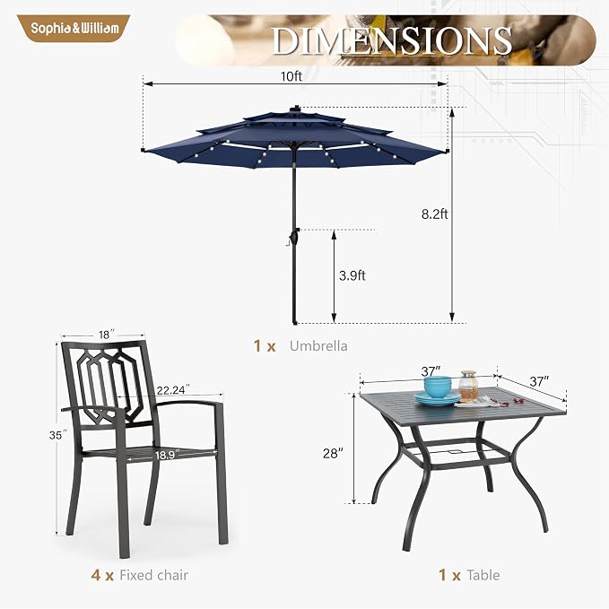 Sophia & William Patio Dining Set for 4 with 10ft 3 Tier Auto-tilt Umbrella, Outdoor Table Furniture Set with 4 x Metal Outdoor Chairs, 1 x Metal Square Dining Table and 1 Navy Blue Patio Umbrella
