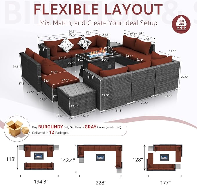 NICESOUL 15 Piece Wicker Outdoor Patio Furniture Set with Fire Pit, XL Size 12-Seater Patio Sectional with Firepit, All Weather 500 lbs Heavy Duty Outside Sofa, Grey & Red