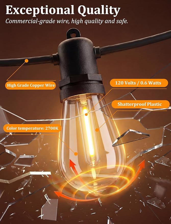 S14 Outdoor String Lights 30FT with 11 Clear LED Bulbs, Black Wire | Connectable Commercial Grade Patio Lights, UL Listed, IP65 Waterproof, 2700K Shatterproof Bulbs, for Backyard, Porch, Bistro