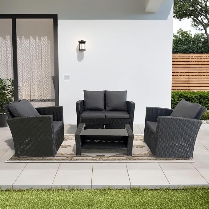 4 Piece Patio Furniture Set, All-Weather Wicker Sectional Conversation Set with Tempered Glass Table & Cushioned Sofa,Outdoor Sofa for Garden, Porch, Backyard (Black-Gray)