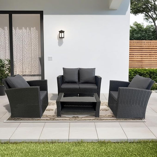 4 Piece Patio Furniture Set, All-Weather Wicker Sectional Conversation Set with Tempered Glass Table & Cushioned Sofa,Outdoor Sofa for Garden, Porch, Backyard (Black-Gray)