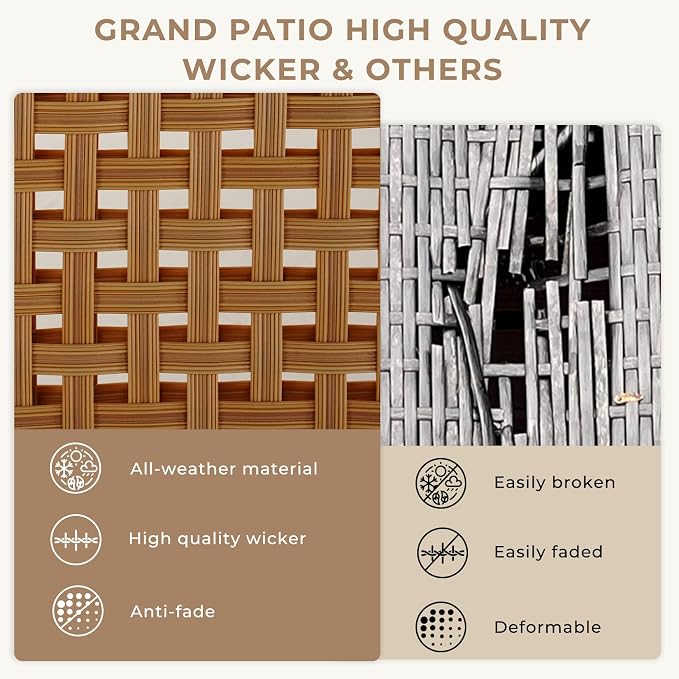 Grand patio Outdoor Furniture Set, 4-piece Wicker Patio Furniture Set with Beige Cushions, Modern Metal Conversation Loveseat Chairs with Glass Top Coffee Table for Porch Deck Backyard Balcony