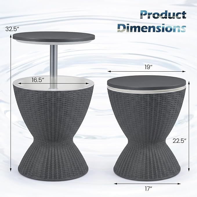 Outdoor Cooler Table, Adjustable Cool Bar with 8 Gal Ice Bucket, Drain Plug | 3-in-1 design, durable rattan-style finish, easy assembly, simple cleanup, stylish outdoor entertaining solution