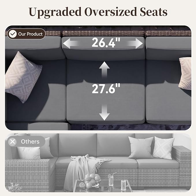 LazySunsets Patio Furniture Set, 8 Pieces Wicker Outdoor Sectional Sofa with 10'' Ultra-Thick Cushions & Ottomans, All-Weather Rattan Conversation Set for Backyard Poolside, Brown/Dark Gray
