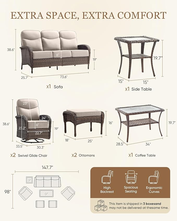 Belord Upgraded 6“ Cushion Luxury Patio Furniture Set - 7 Piece Wicker Furniture Set, Comfort Outdoor Couch and High Back Swivel Rocker Patio Chairs, Conversation Set for Deck Porch - Brown/Beige