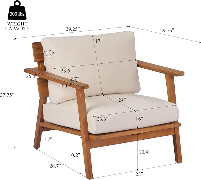 KLMM 4-Piece Mid-Century Modern Acacia Wood Patio Seating Set,Outdoor Conversation Set with Loveseat,Club Chairs & Slatted Coffee Table,for Garden Backyard Poolside (Teak+ Beige-MC)