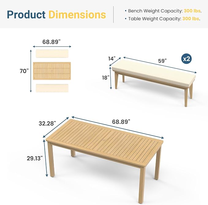 FansaFurn 3-Piece Acacia Patio Table and Chairs Set for All-Weather, Outside Furniture with Table Umbrella Hole and Removable Cushion, Patio Furniture Set with Outdoor Bench for Garden Lawn, Beige