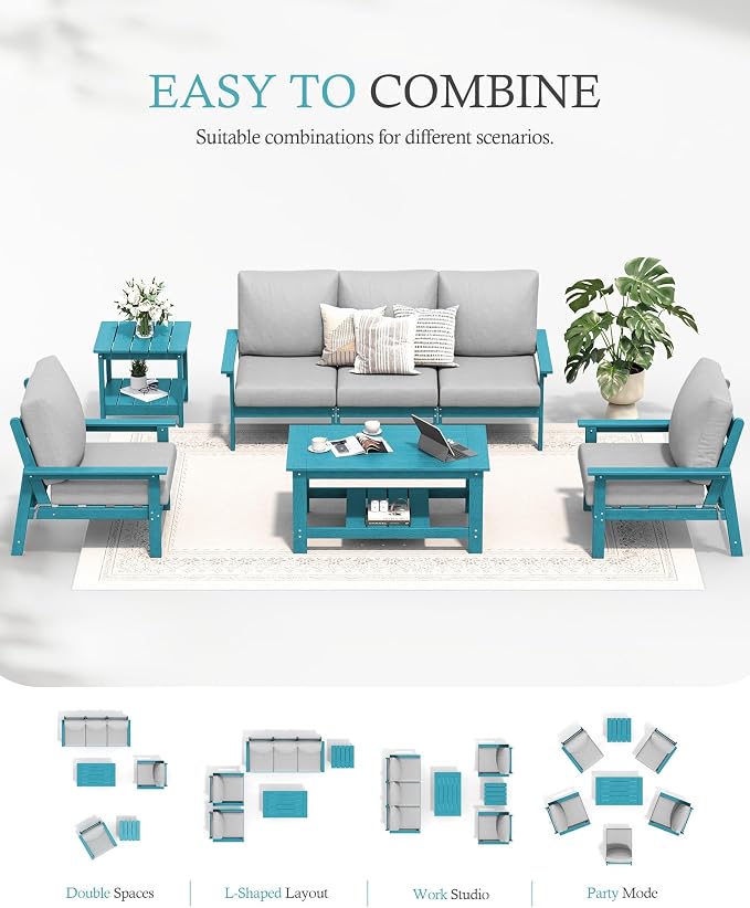 Ciokea Modular Patio Furniture Set with Thicked Cushions, 7Pcs All-Weather Outdoor Conversation Set with Coffee Table & Side Table, Modern Sectional Sofa Set for Deck (Blue Frame/Grey Cushions)