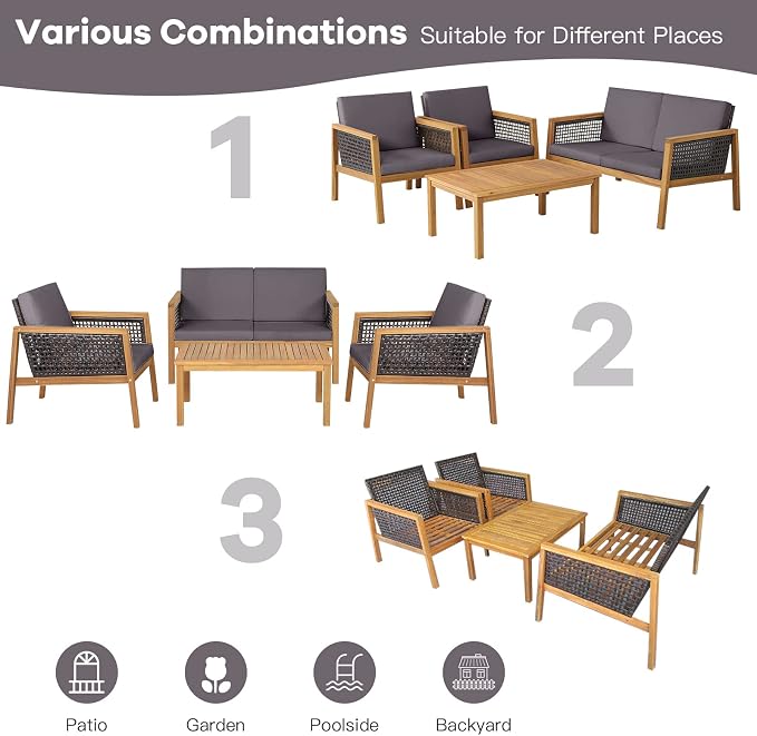 8 Pieces Outdoor Acacia Wood Furniture Set, Outdoor PE Wicker Conversation Set with Coffee Table and Soft Cushions, Outdoor Sofa Set for Garden, Poolside and Backyard (2, Grey)