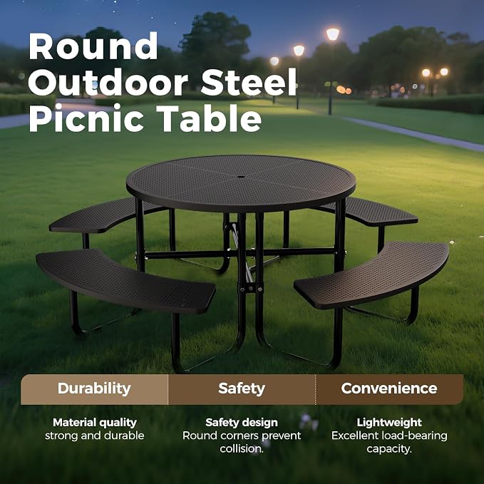 Round Heavy Duty Picnic Table for Outdoors Commercial Camping Table with Umbrella Hole up to 1.78" Black Coated Steel Frame Waterproof Rust Resistant 3200 lbs Load Capacity