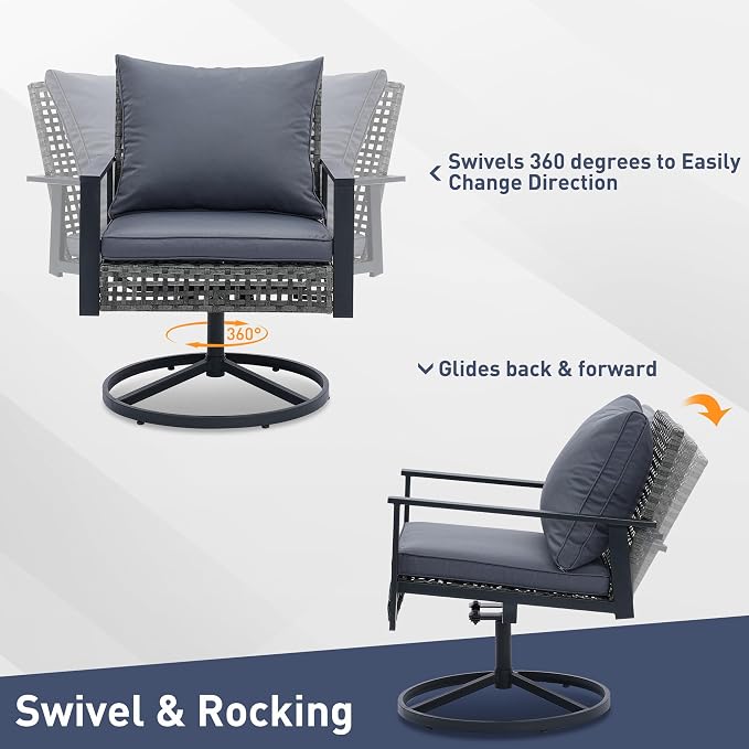 Ainfox Patio Furniture Set 4 Pieces, Patio Wicker Rattan Swivel Rocker, Outdoor Swivel Rocking Chairs Set with Loveseat, Garden Conversation Bistro Sets for Porch, Pool, Backyard Grey